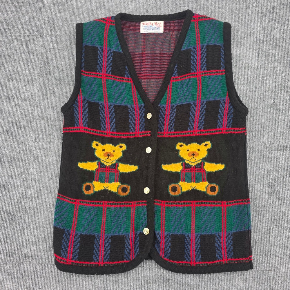 Vintage Tally-Ho Teddy Bear Plaid Knit Sweater Vest Black Green Red V-Neck